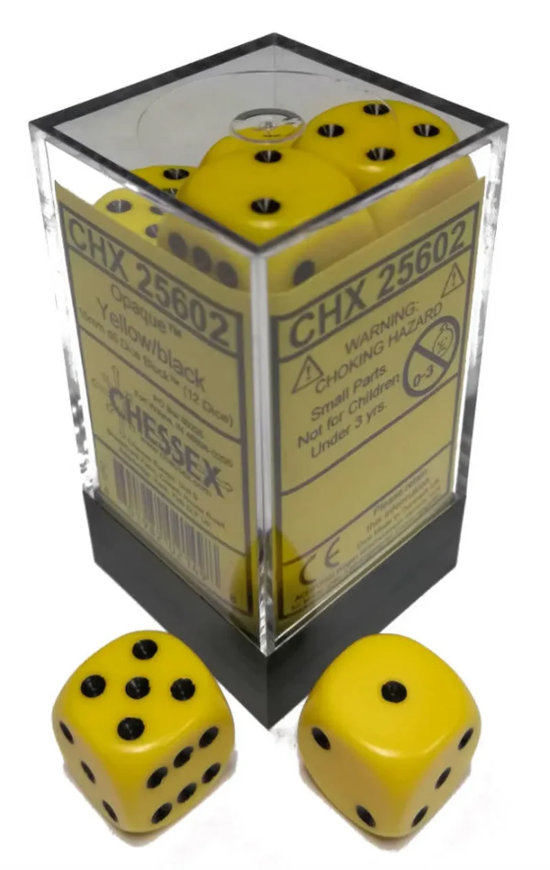 12 pack opaque yellow black d6 dice set