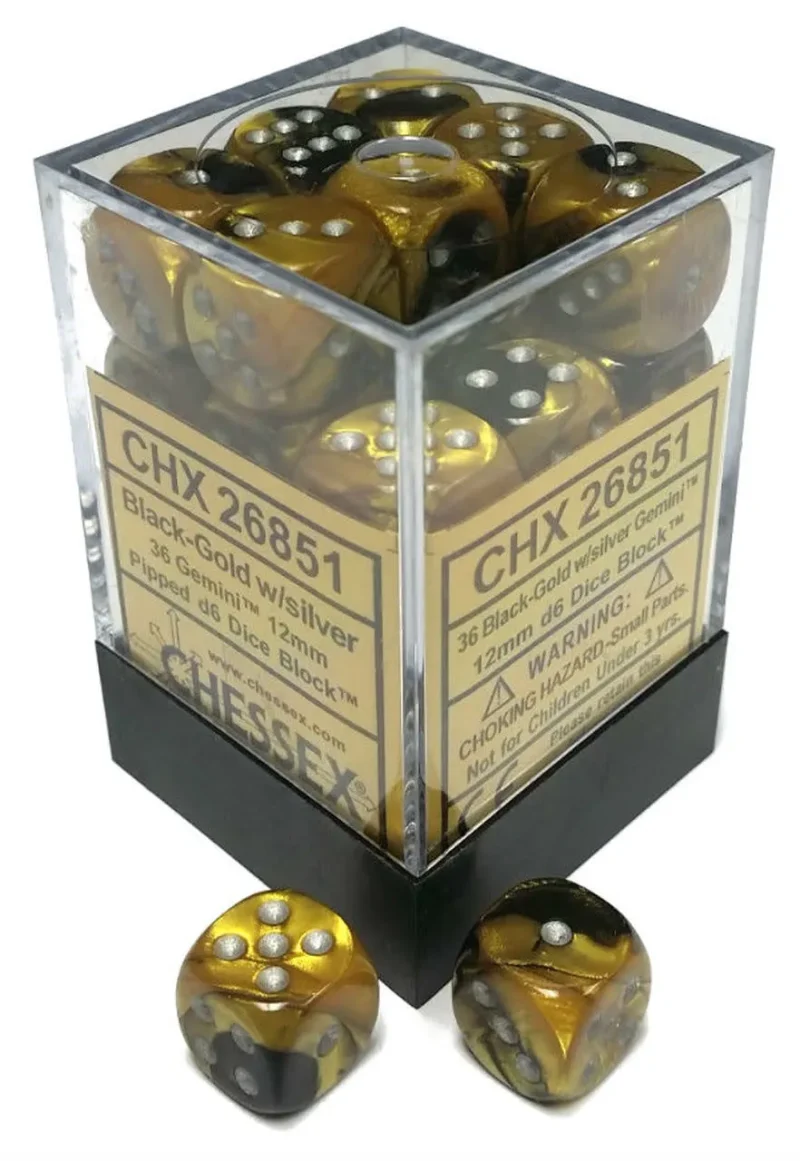 gemini black gold silver 36 piece d6 dice set